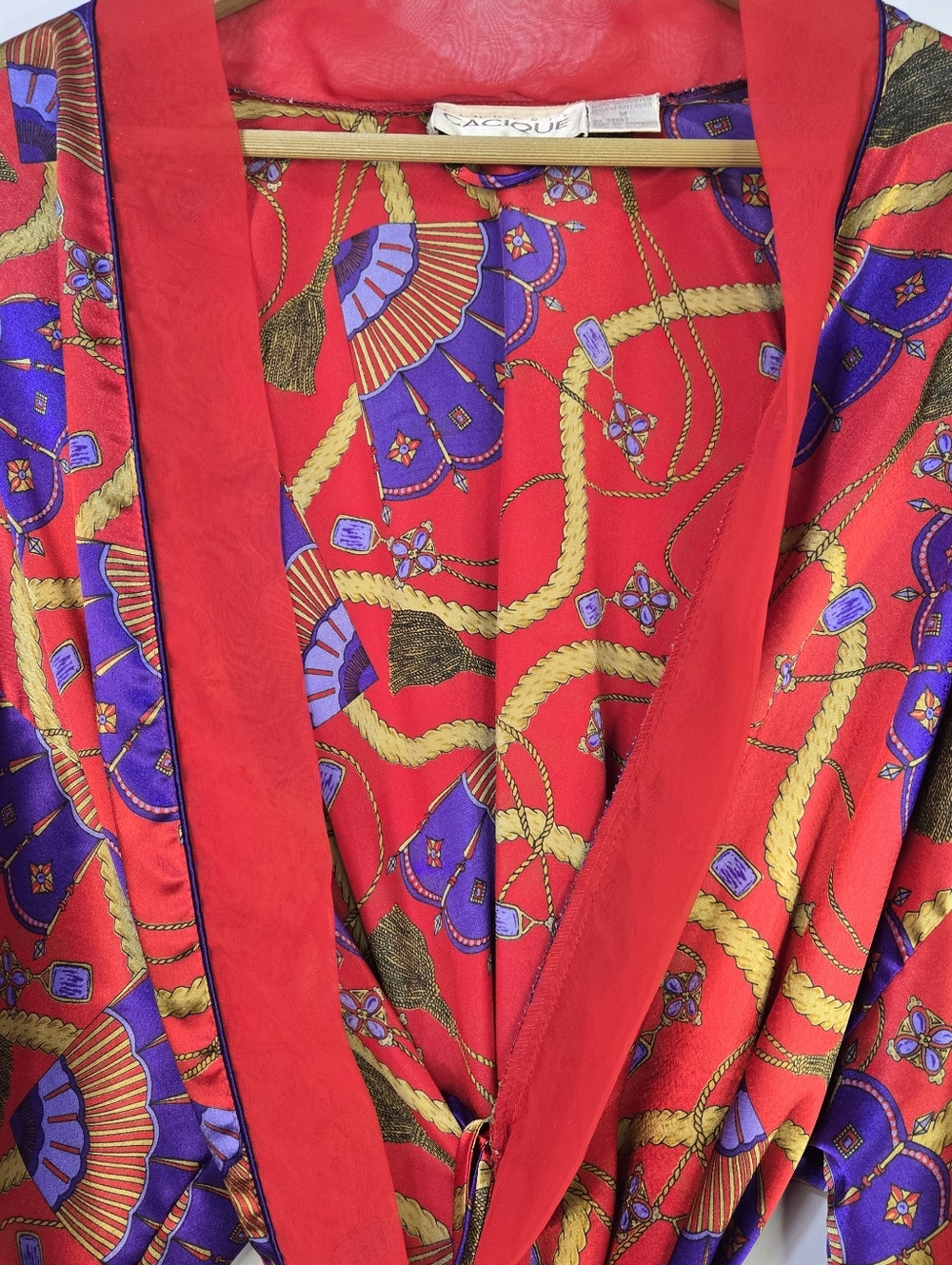 Cacique Size M Red S/Sl Belted, Silky Kimono/Robe with Purple & Gold Fan Print - Picture 4 of 7